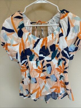 Skies Are Blue Abstract Smocked Puff Sleeve Top - Navy, Orange & Light Blue